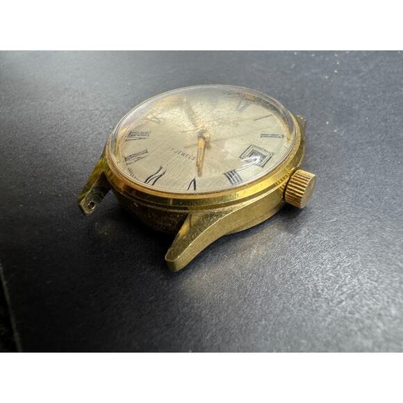 Vintage BENRUS Men\'s Date Watch 17 Jewels Gold Tone Silver Dial 30mm No Band main image 8